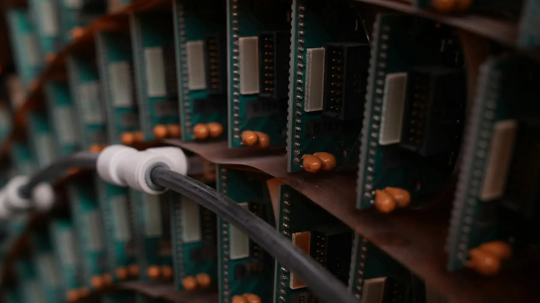 Close-up of populated circuit boards inside networking equipment